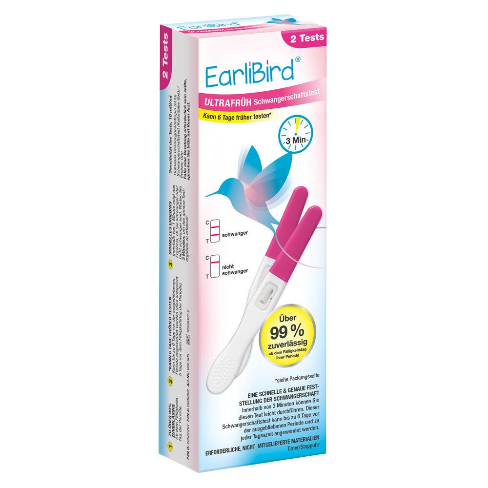 Verpackung von EarliBird® Ultrafrüh Schwangerschaftstest. Enthält zwei Tests. Rosa und blaue Elemente. Text: Ultrafrüh, 2 Tests.