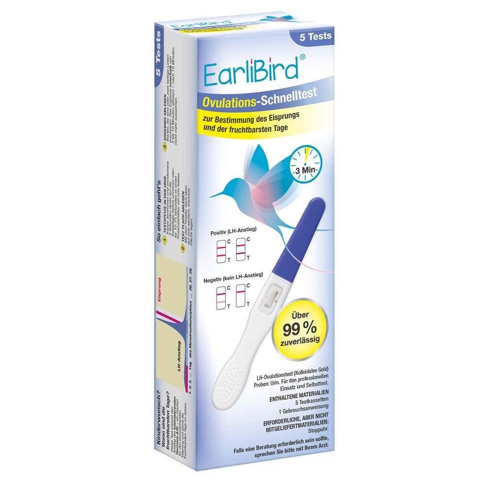 Verpackung des EarliBird Ovulations-Schnelltests. Zeigt Testergebnisse und Produktinformationen. Enthält 5 Tests.