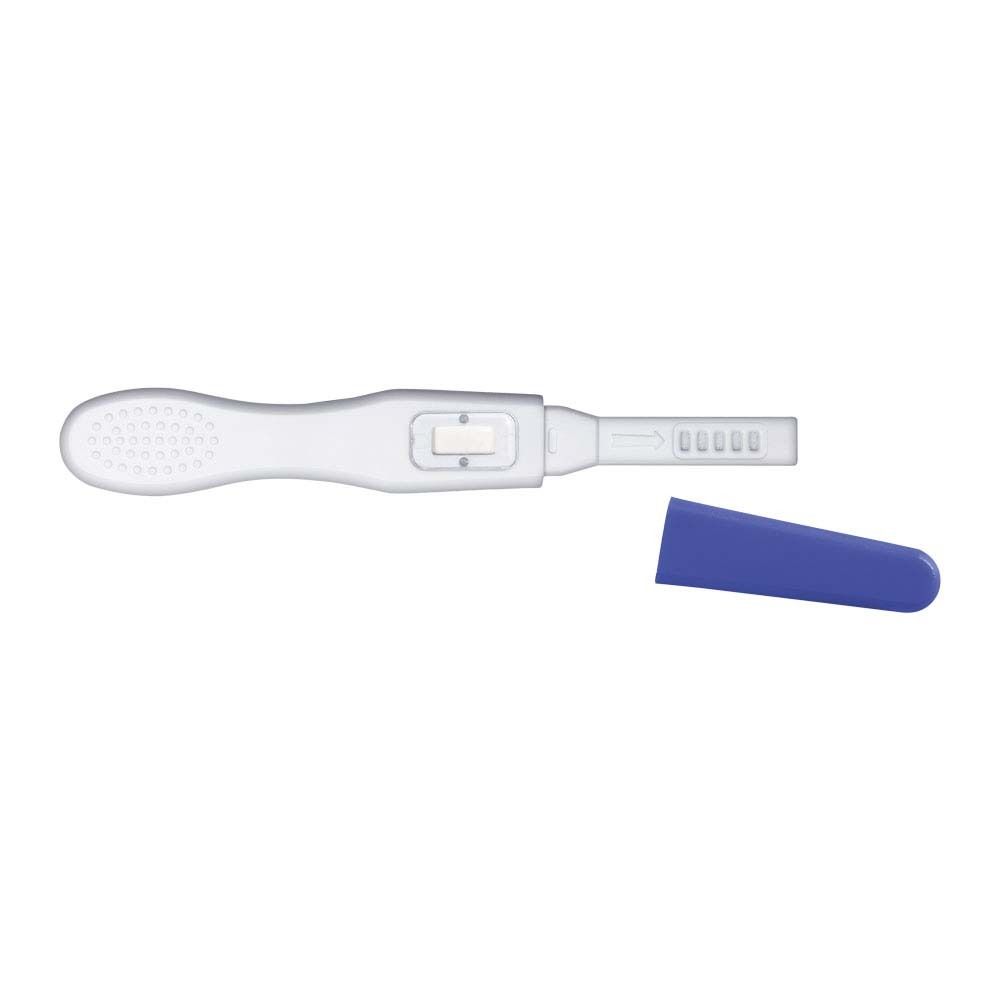 Weißer Ovulationstest mit blauem Verschluss. Zeigt Testbereich und Griff. Einzelnes Produkt, freigestellt.