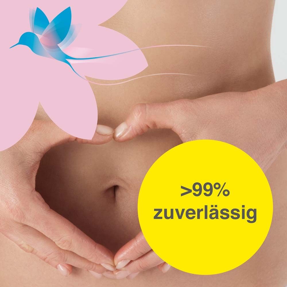 Nahaufnahme eines Bauches mit Händen, die eine Herzform bilden. Gelber Kreis mit Text: >99% zuverlässig.