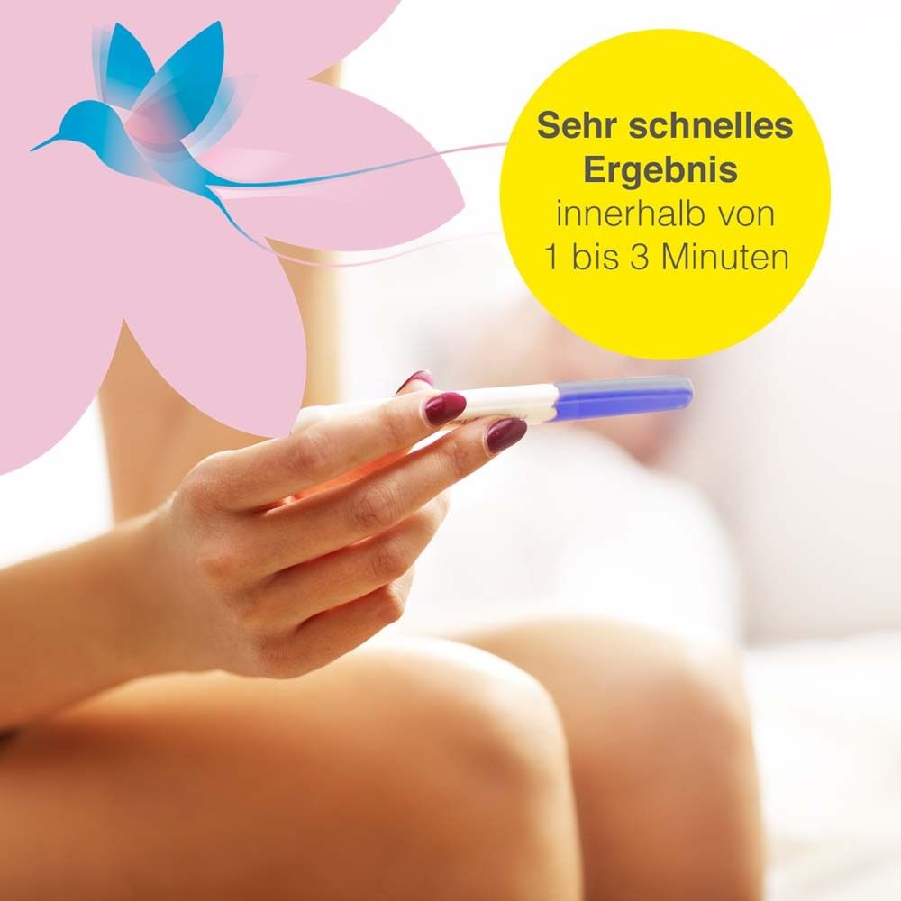 Person hält Ovulationstest. Gelber Kreis mit Text: Sehr schnelles Ergebnis innerhalb von 1 bis 3 Minuten.