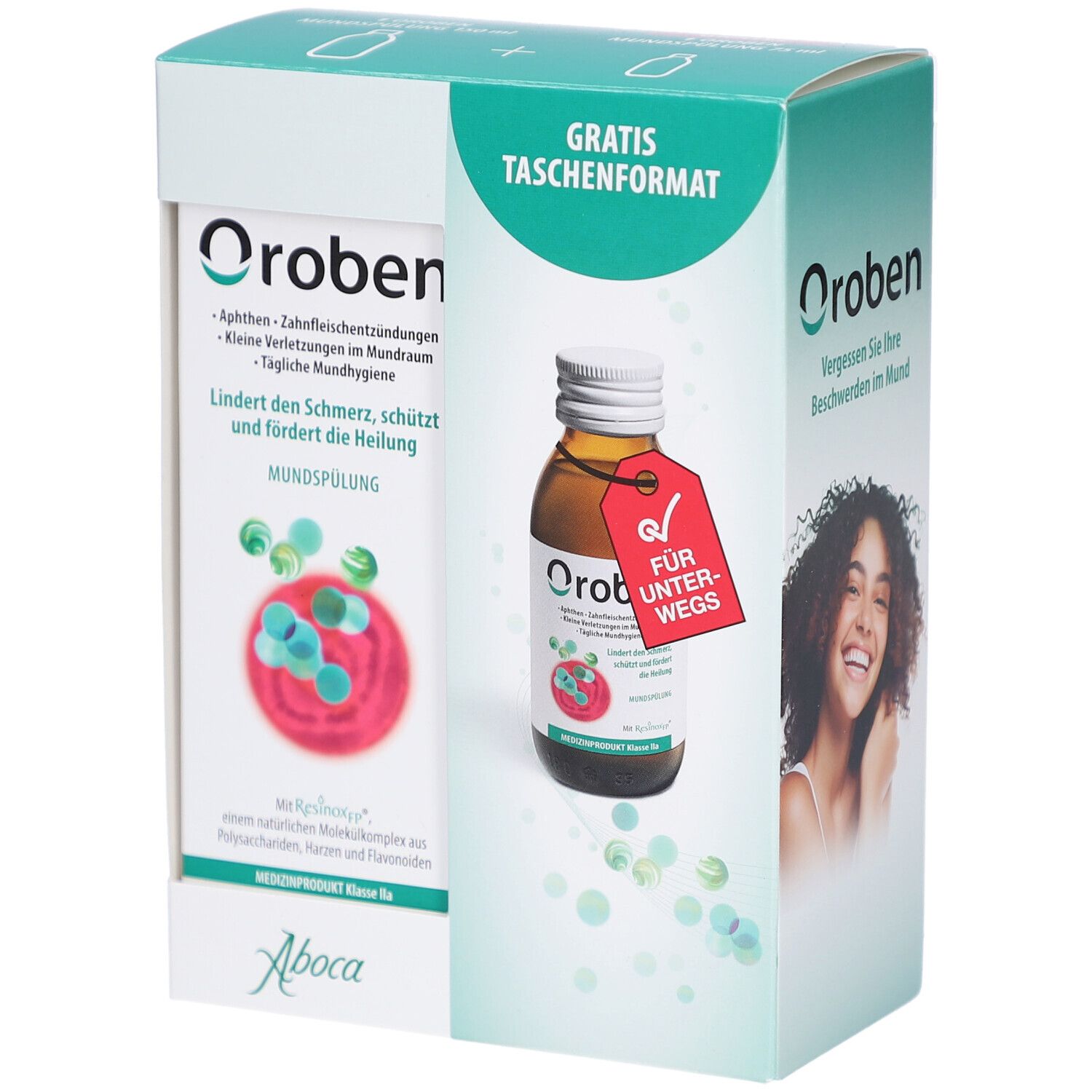 Verpackung mit Produktflasche. Aufschrift: Oroben Mundspülung. Enthält eine Flasche und eine separate Packung mit Produktinformationen.