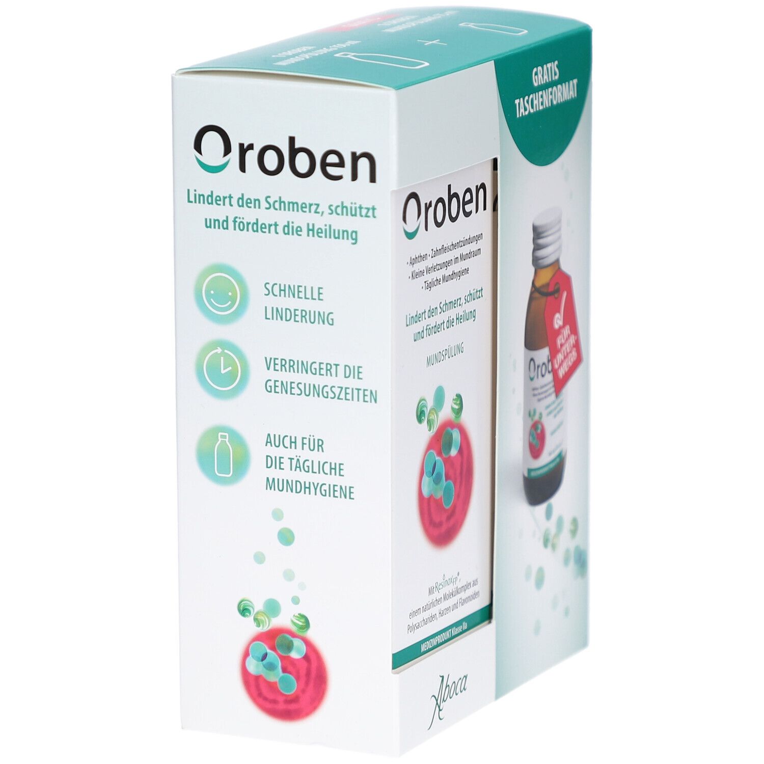 Verpackung mit Produktflasche. Aufschrift: Oroben Mundspülung. Enthält eine Flasche und eine separate Packung mit Produktinformationen.
