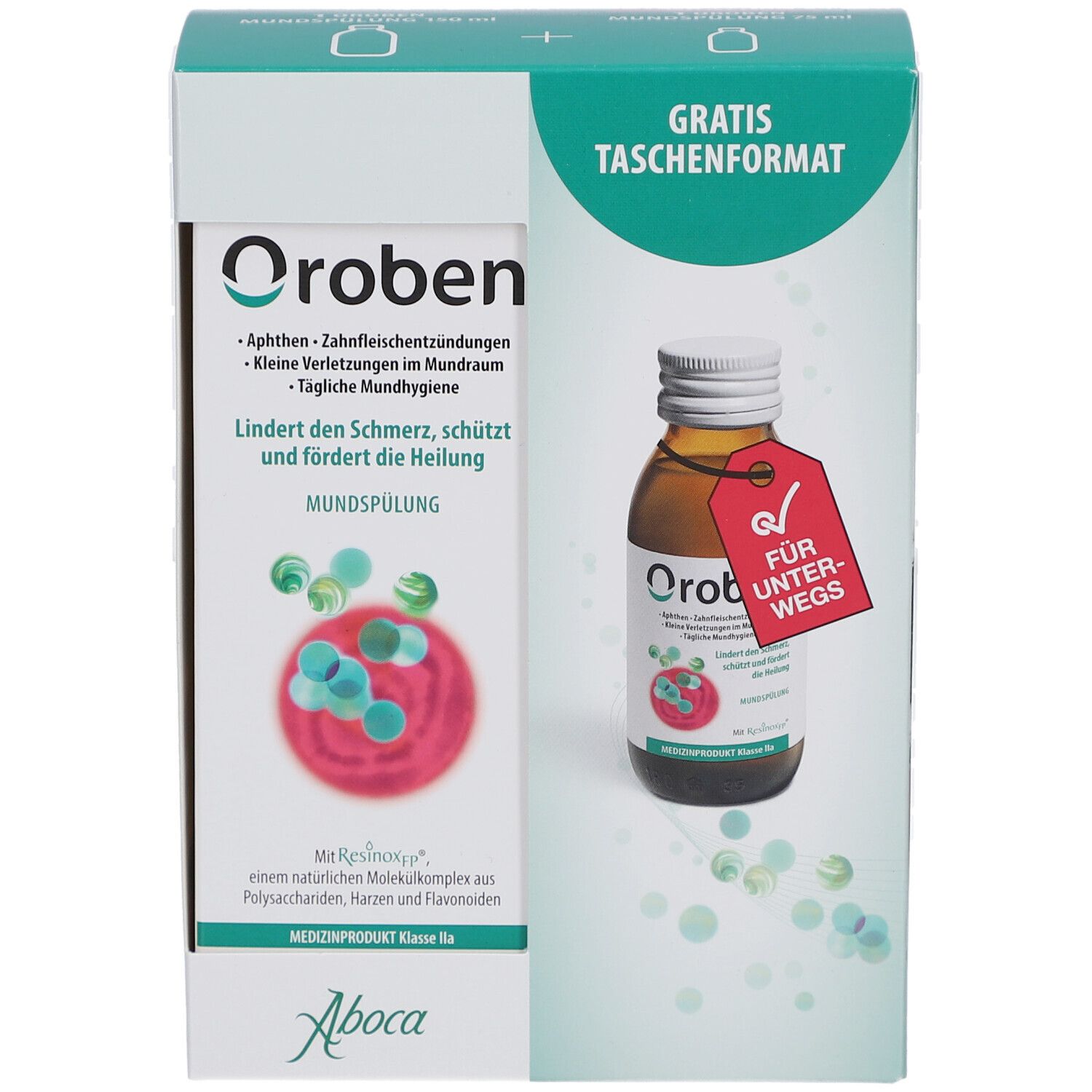 Verpackung mit Produktflasche. Aufschrift: Oroben Mundspülung. Enthält eine Flasche und eine separate Packung mit Produktinformationen.