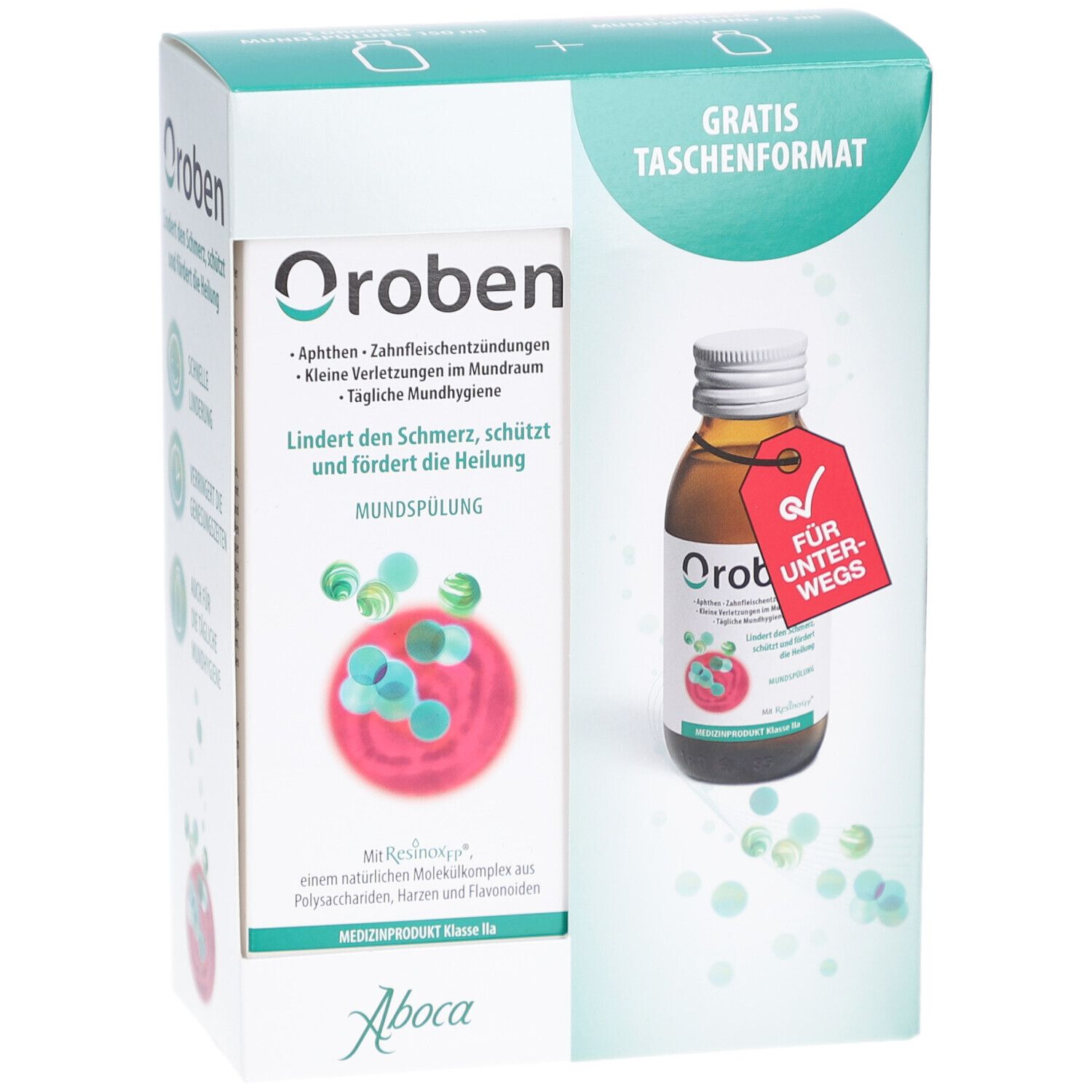 Verpackung mit Produktflasche. Aufschrift: Oroben Mundspülung. Enthält eine Flasche und eine separate Packung mit Produktinformationen.