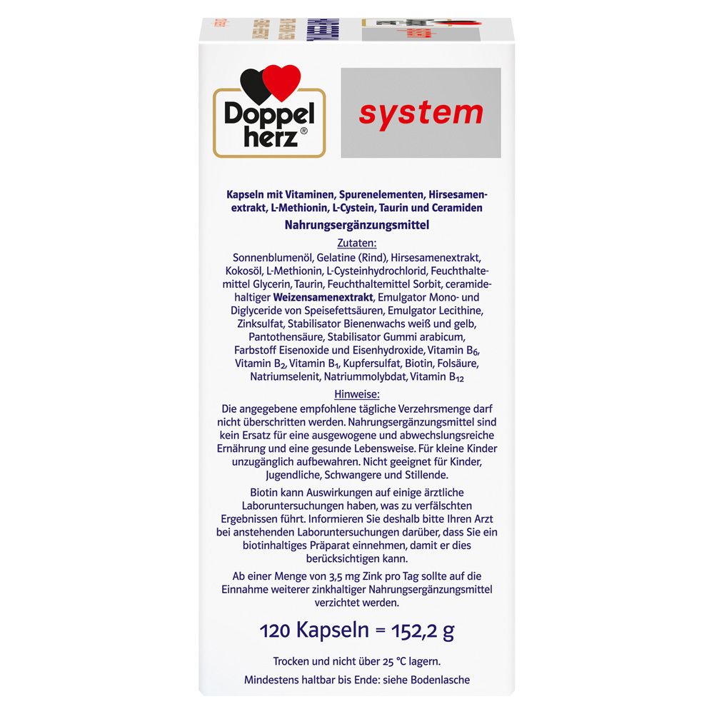 Rückseite der Hair Essential Verpackung. Enthält Zutatenliste und Hinweise zur Anwendung. 120 Kapseln.
