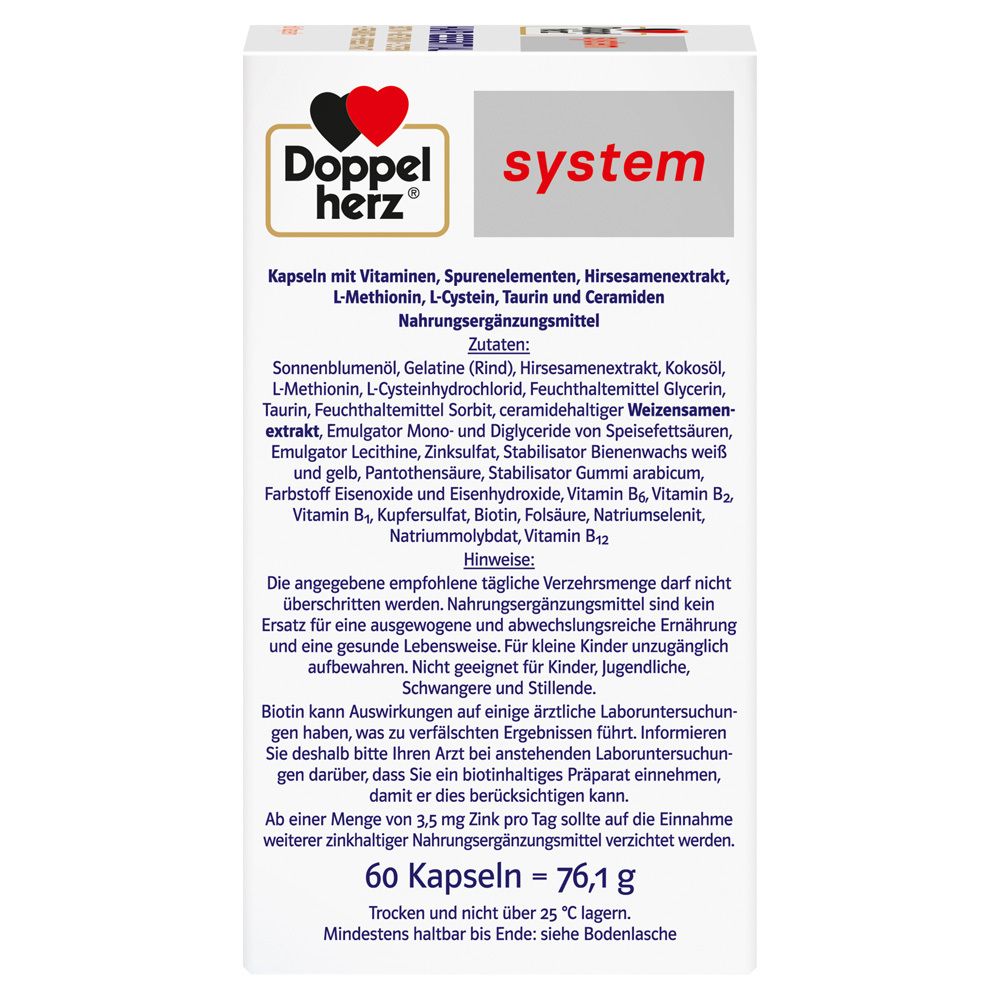 Weiße Schachtel Doppelherz Hair Essential. Enthält Kapseln. Text: Zutaten, Nährwertangaben, Hinweise. 60 Kapseln.