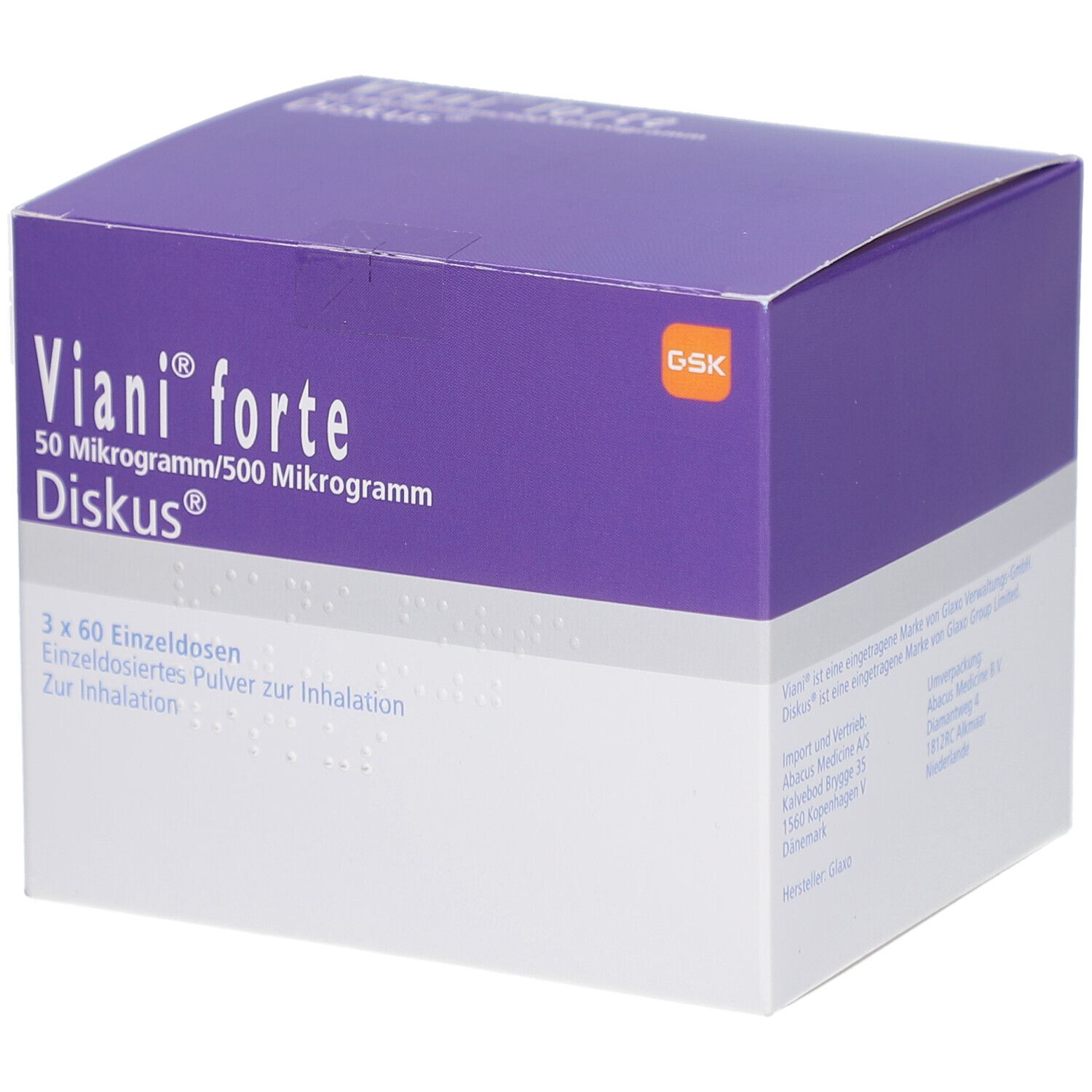 Verpackung von VIANI forte Diskus. Lila und weiße Schachtel mit Produktnamen und Dosierung. GSK-Logo.