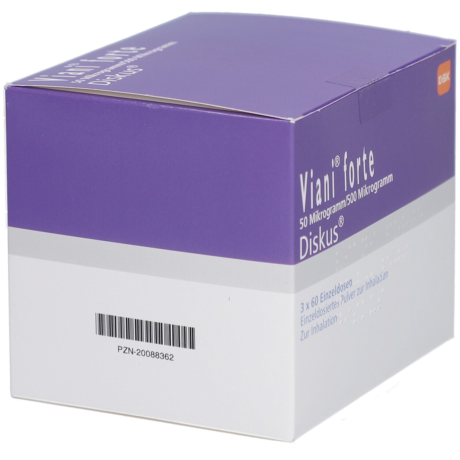 Verpackung von VIANI forte Diskus. Lila und weiße Schachtel mit Produktnamen und Dosierung. Barcode.