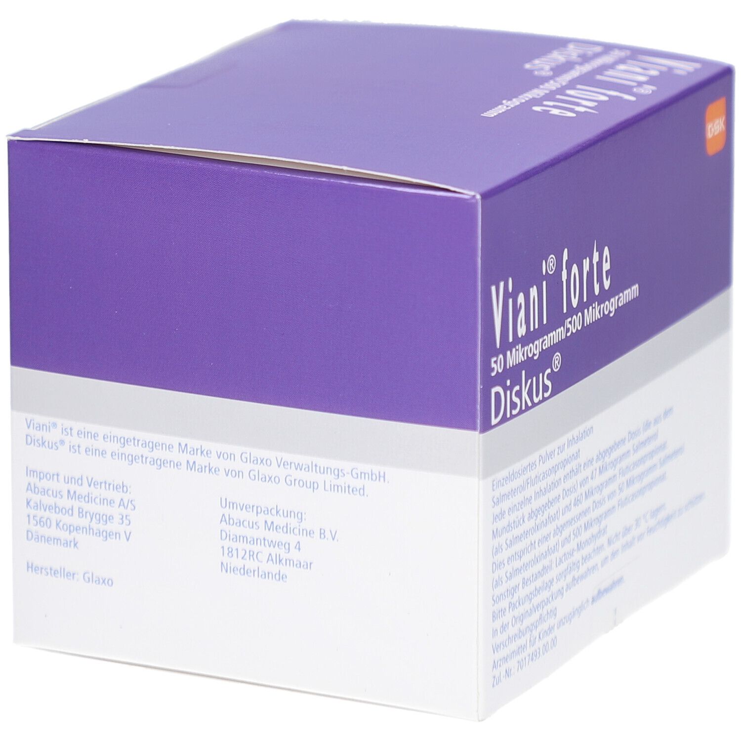 Verpackung von VIANI forte Diskus. Lila und weiße Schachtel mit Produktnamen und Dosierung. Textinformationen.