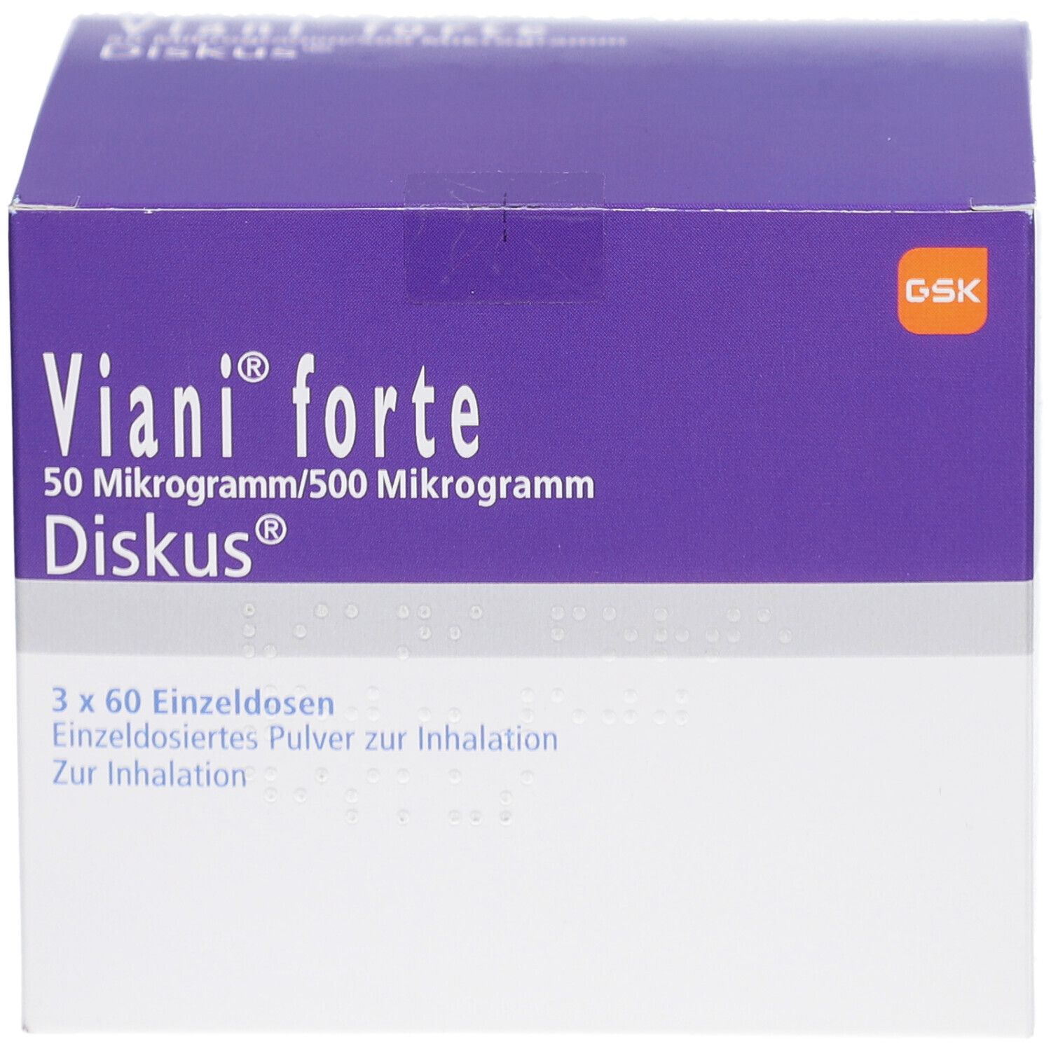 Verpackung von VIANI forte Diskus. Lila und weiße Schachtel mit Produktnamen und Dosierung. GSK-Logo.