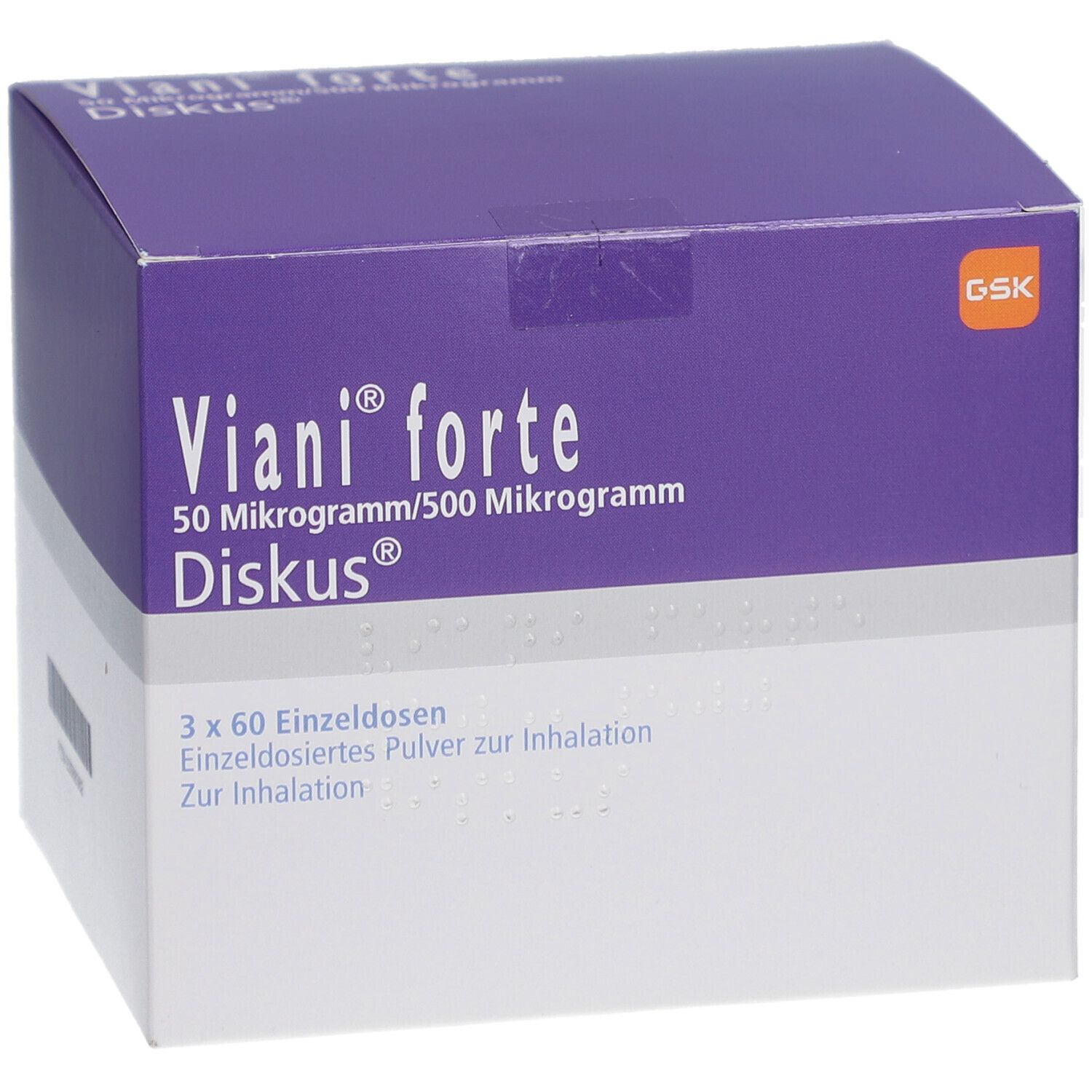 Verpackung von VIANI forte Diskus. Lila und weiße Schachtel mit Produktnamen und Dosierung. GSK-Logo.
