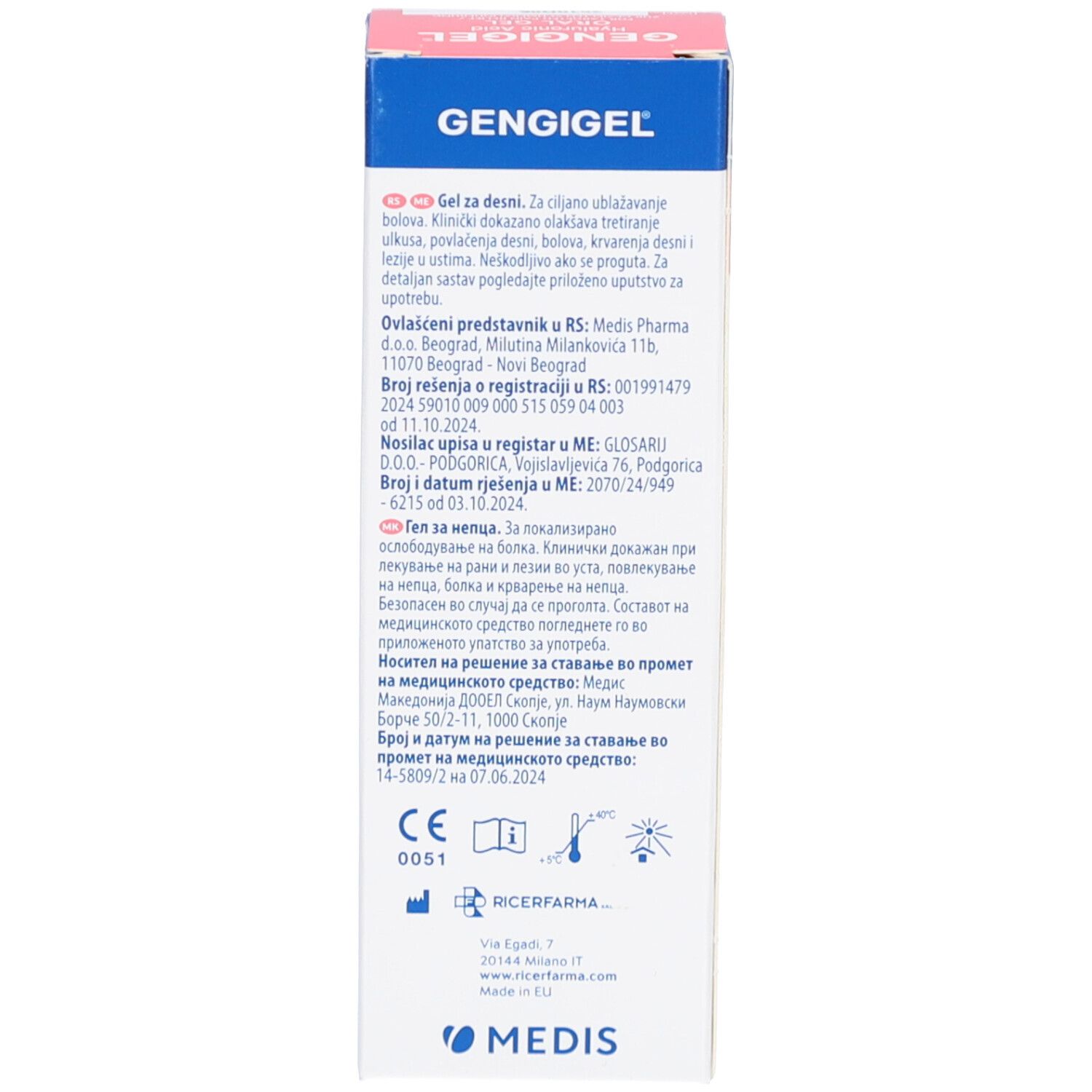 Rückseite der Gengigel® Zahnfleischgel-Verpackung. Enthält Informationen, Hersteller, Importeur und CE-Kennzeichnung.