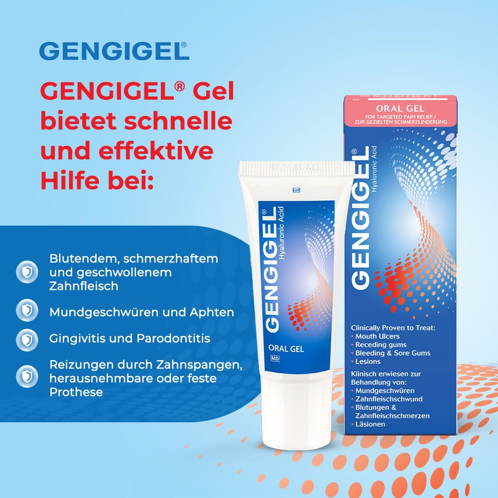 Gengigel Oral Gel Tube und Kartonverpackung mit Hyaluronsäure zur Linderung von Zahnfleischbeschwerden.