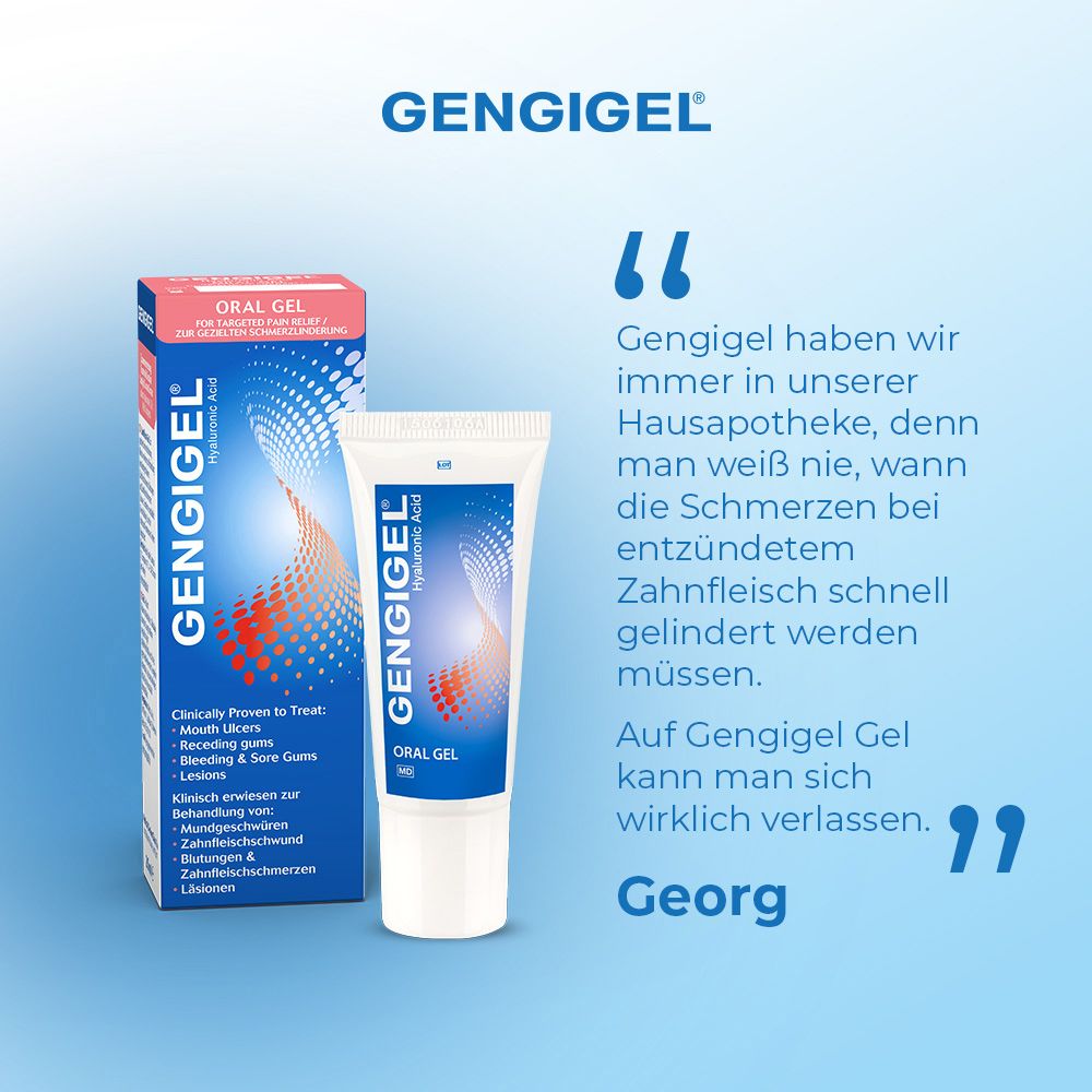 Gengigel Oral Gel Tube und Verpackung auf blauem Hintergrund.
