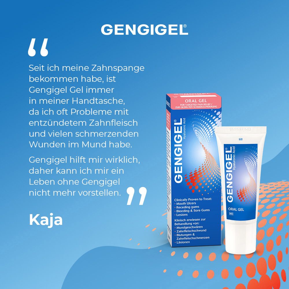 Gengigel Oral Gel Tube und Kartonverpackung mit Textzitaten.
