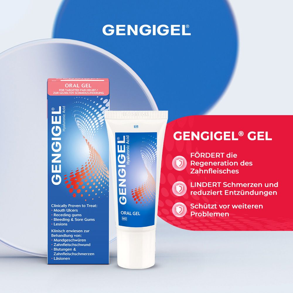 Gengigel Oral Gel Tube und Faltschachtel. Fördert die Regeneration des Zahnfleisches.