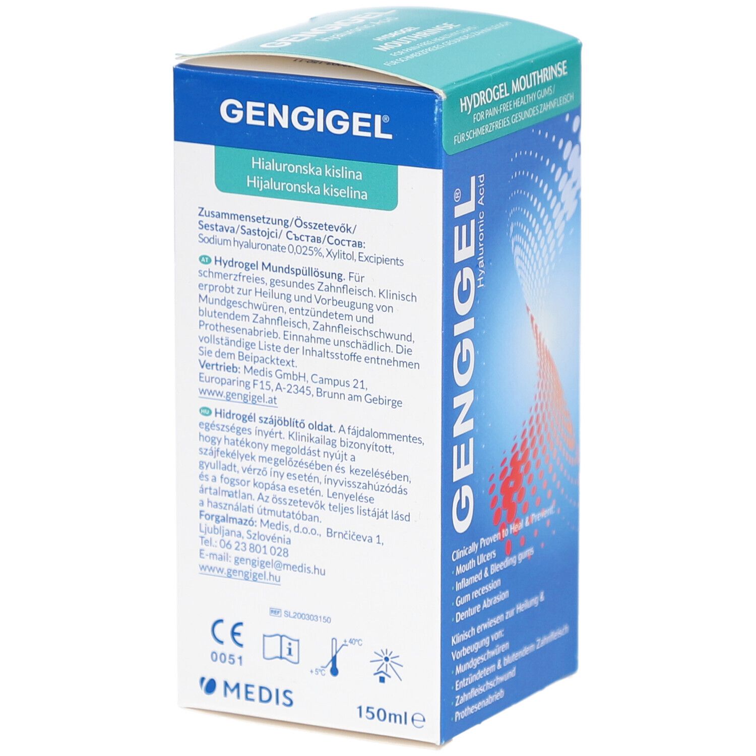 Gengigel Mundspüllösung-Verpackung. Rückseite mit Inhaltsstoffen und Herstellerinformationen.