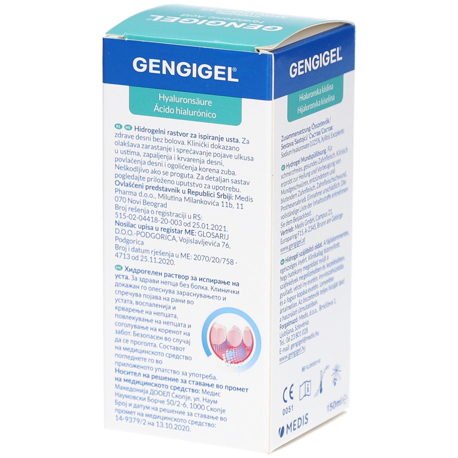 Gengigel Mundspüllösung-Verpackung. Rückseite mit Inhaltsstoffen und Herstellerinformationen.