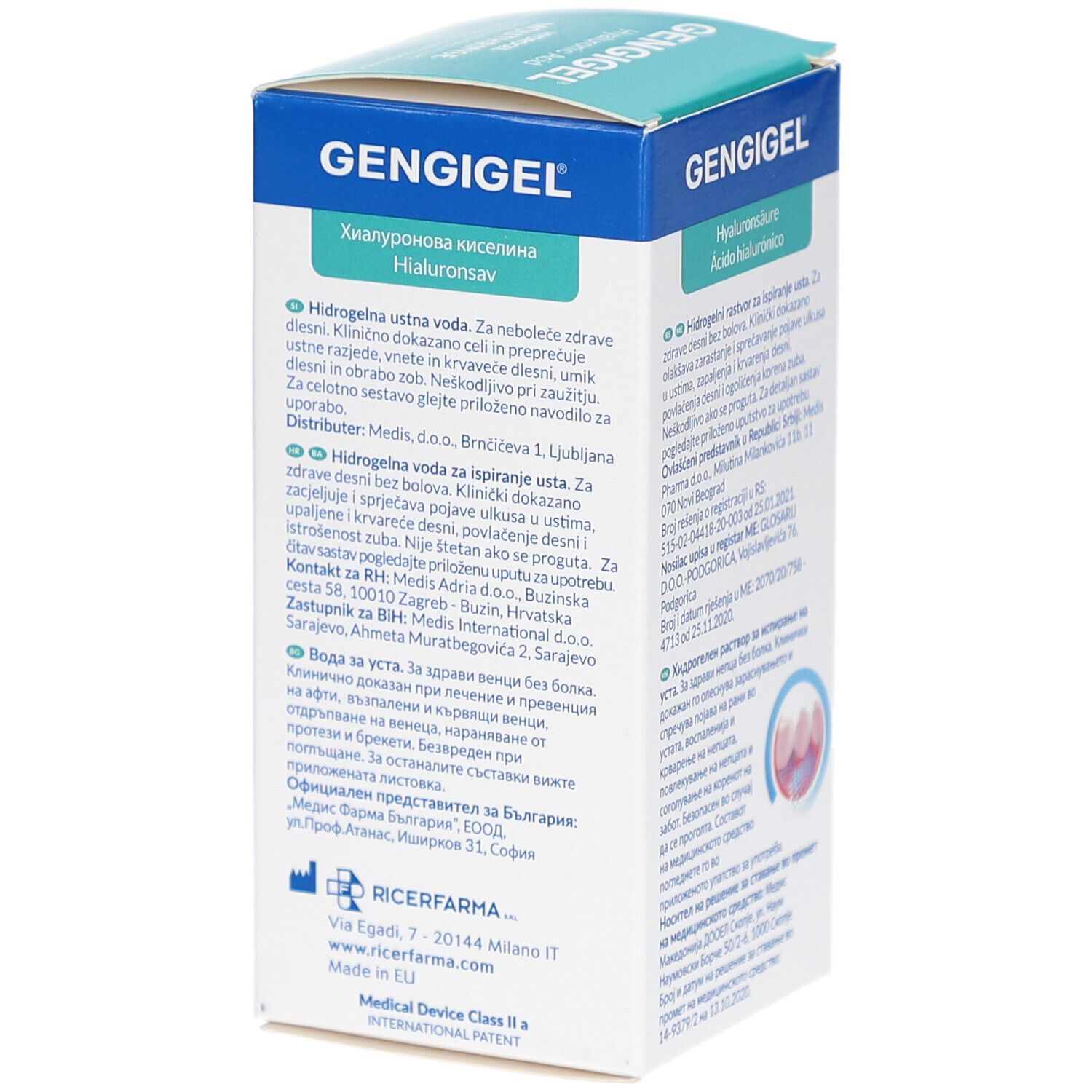 Gengigel Mundspüllösung-Verpackung. Rückseite mit Inhaltsstoffen und Herstellerinformationen.