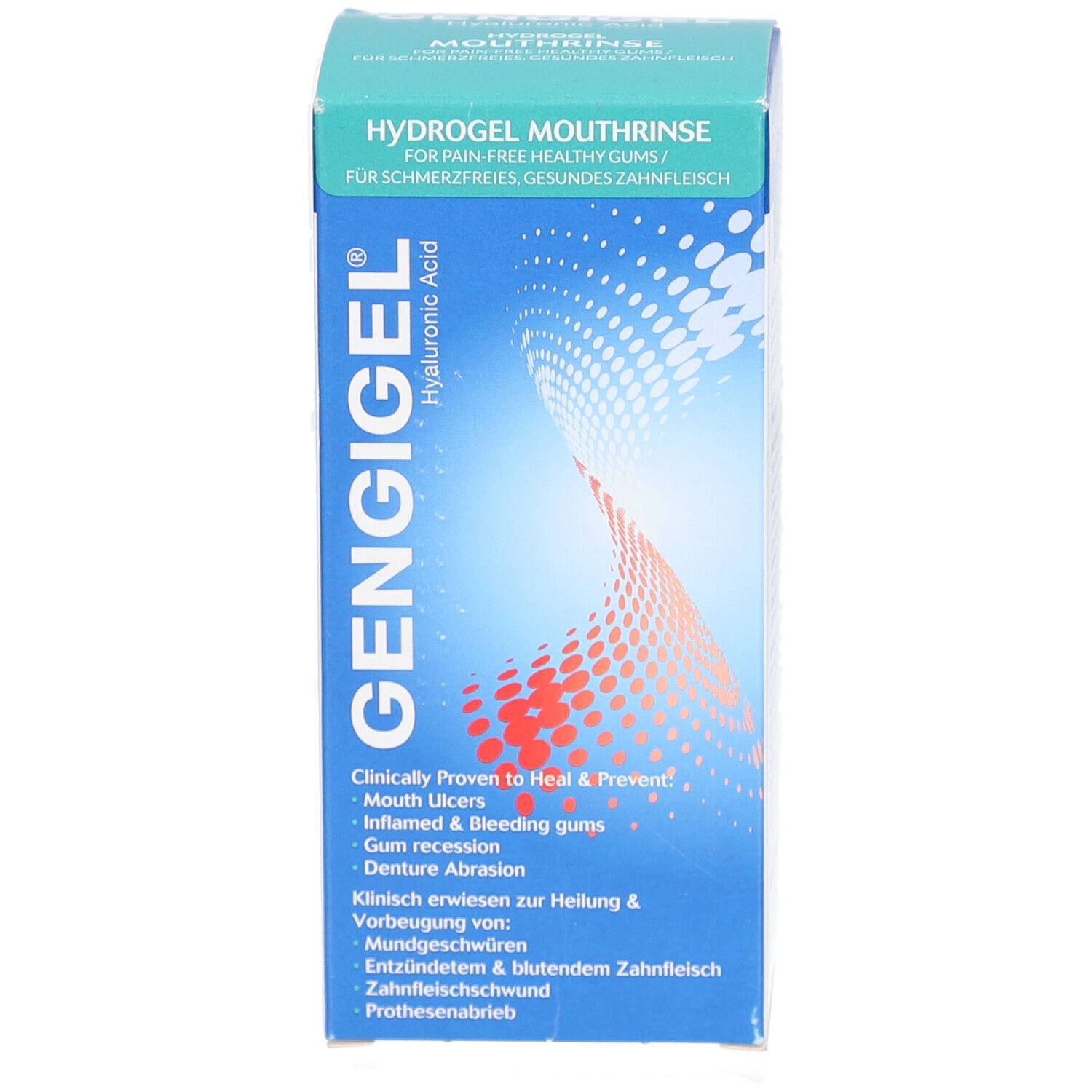 Gengigel Mundspüllösung-Verpackung. Vorderseite mit Produktnamen und Logo.