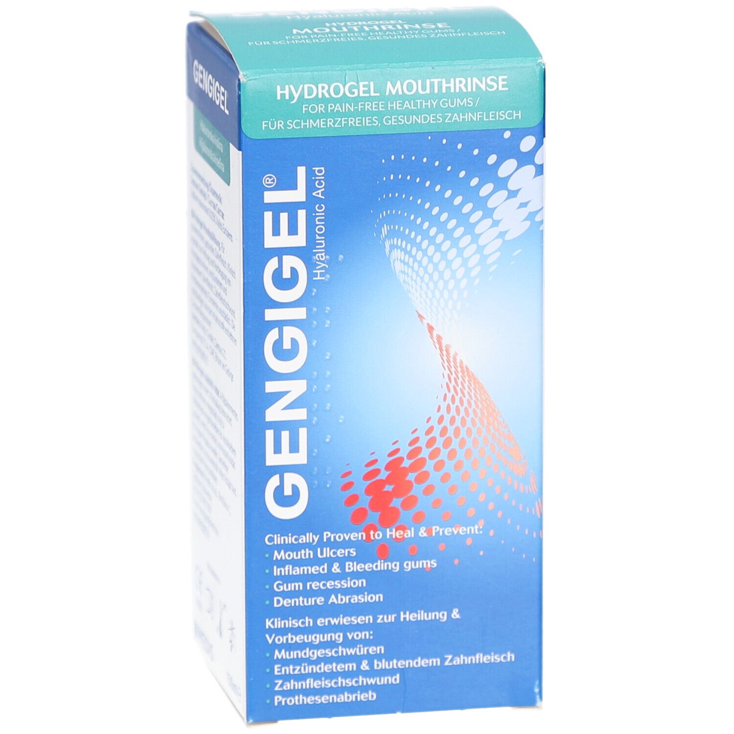 Gengigel Mundspüllösung-Verpackung. Vorderseite mit Produktnamen und Logo.