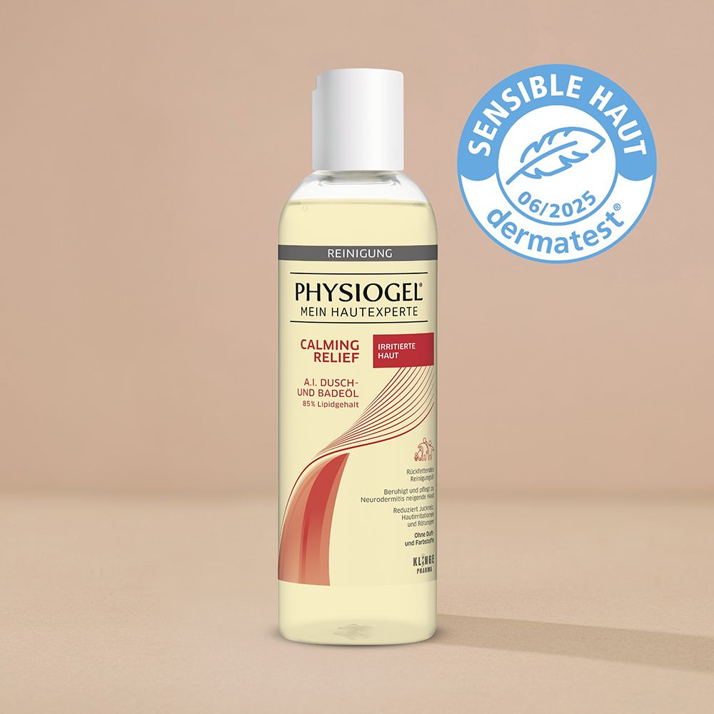 PHYSIOGEL® Calming Relief A.I. Dusch- und Badeöl. Flasche mit Dermatest-Siegel. Für sensible Haut.
