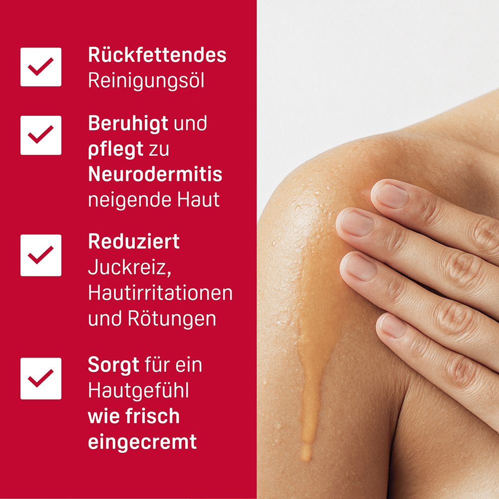 Produktmerkmale: Rückfettendes Reinigungsöl, beruhigt, reduziert Juckreiz, sorgt für Hautgefühl wie frisch eingecremt.