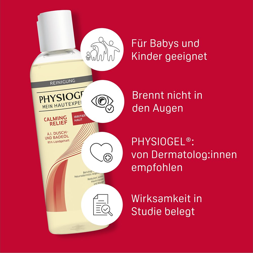 PHYSIOGEL® Calming Relief A.I. Dusch- und Badeöl. Geeignet für Babys und Kinder. Von Dermatologen empfohlen.