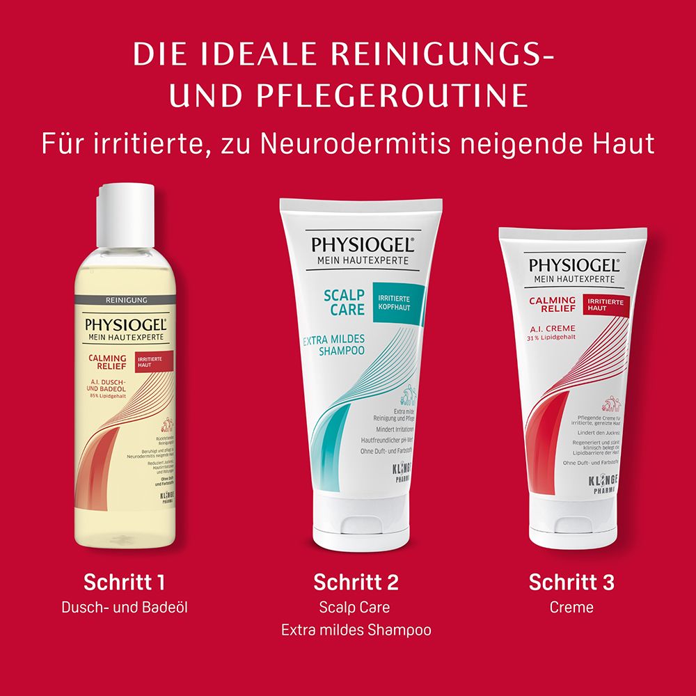 Produktreihe für irritierte, zu Neurodermitis neigende Haut. Dusch- und Badeöl, Shampoo, Creme.