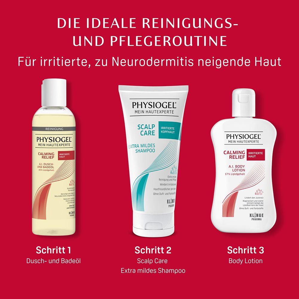 Produktreihe für irritierte, zu Neurodermitis neigende Haut. Dusch- und Badeöl, Shampoo, Body Lotion.
