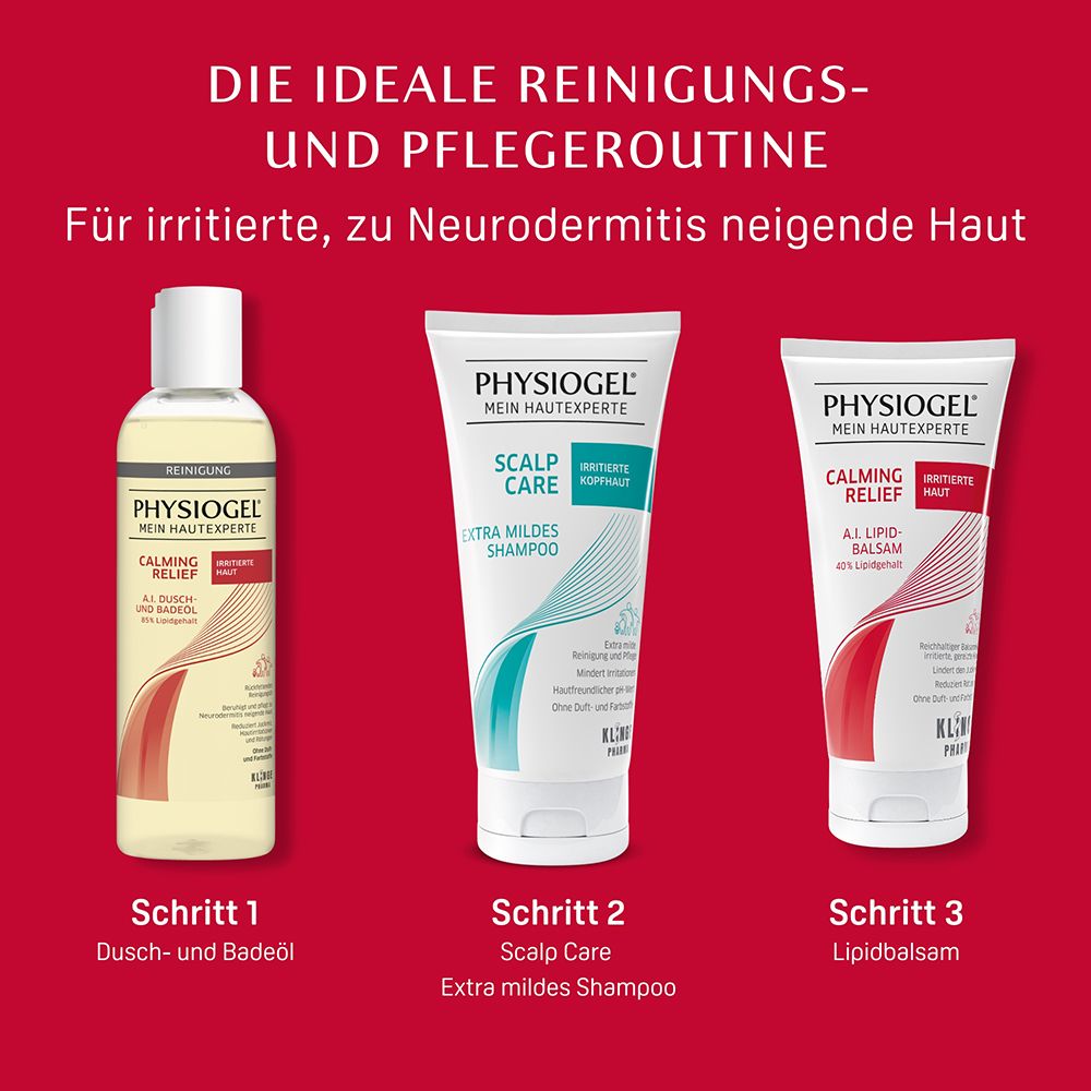 Produktreihe für irritierte, zu Neurodermitis neigende Haut. Dusch- und Badeöl, Shampoo, Lipidbalsam.