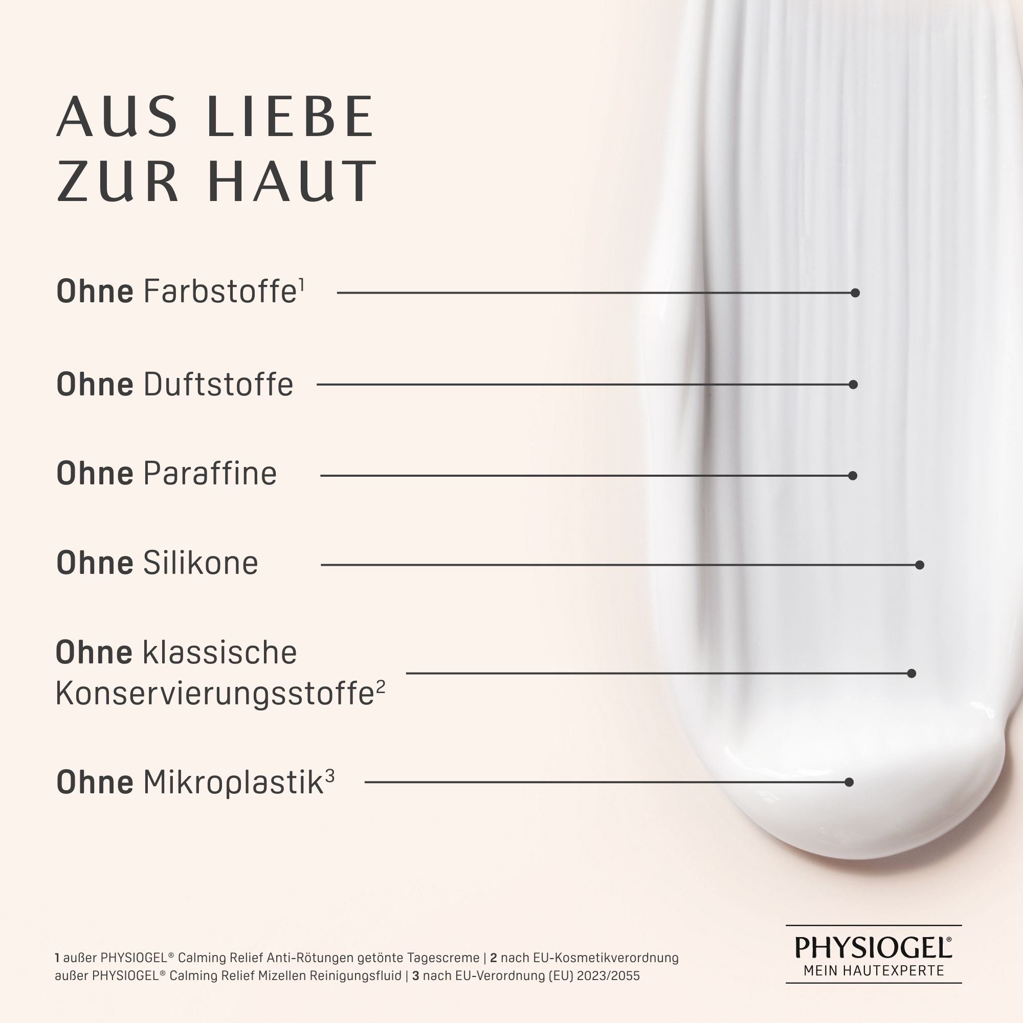 Creme-Textur. Ohne Farbstoffe, Duftstoffe, Paraffine, Silikone, klassische Konservierungsstoffe, Mikroplastik.