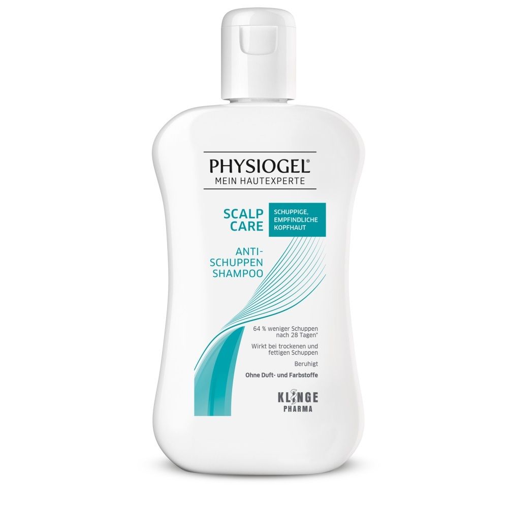 Weiße Flasche mit Physiogel Scalp Care Anti-Schuppen Shampoo. Klare Linien und türkisfarbene Akzente.