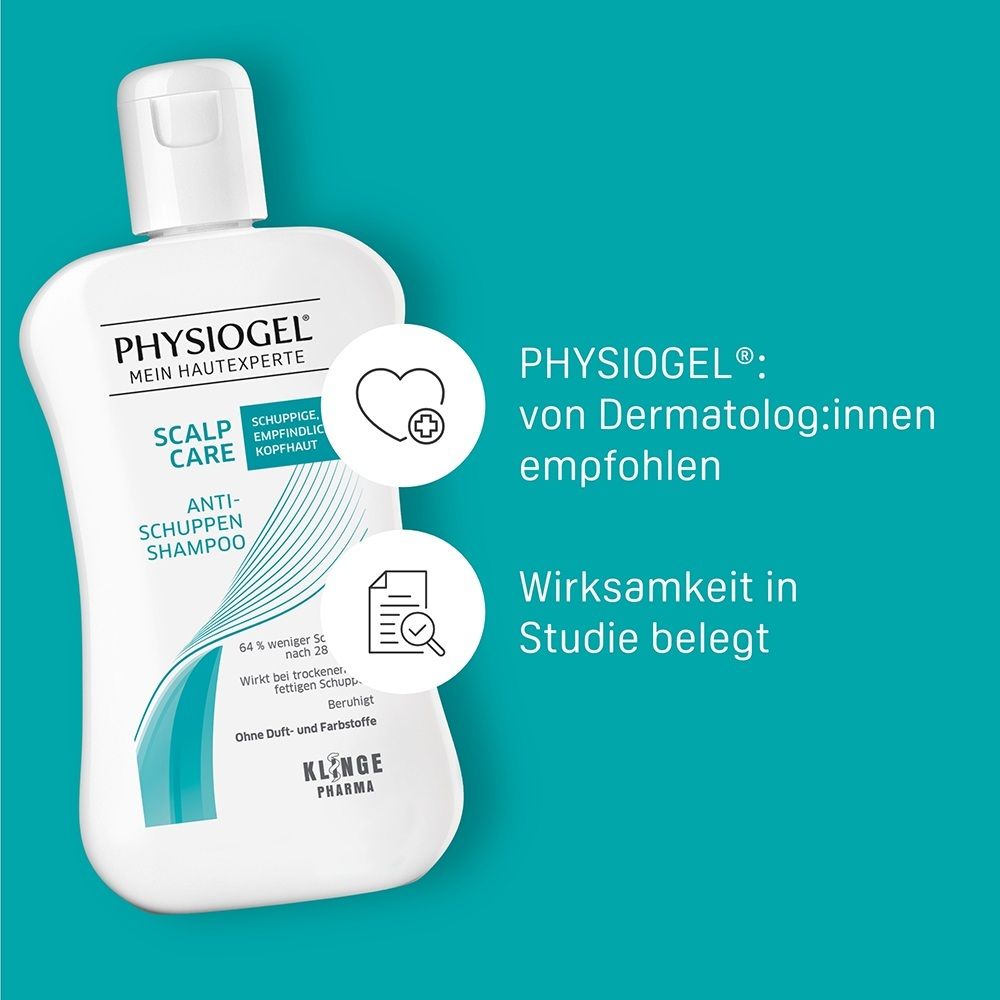 Weiße Flasche Physiogel Scalp Care Shampoo mit Icons für 'von Dermatologen empfohlen' und 'Wirksamkeit belegt'.