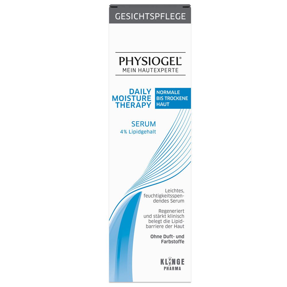 Weißes Serum-Fläschchen. Text: PHYSIOGEL, Daily Moisture Therapy, Serum. Für normale bis trockene Haut.
