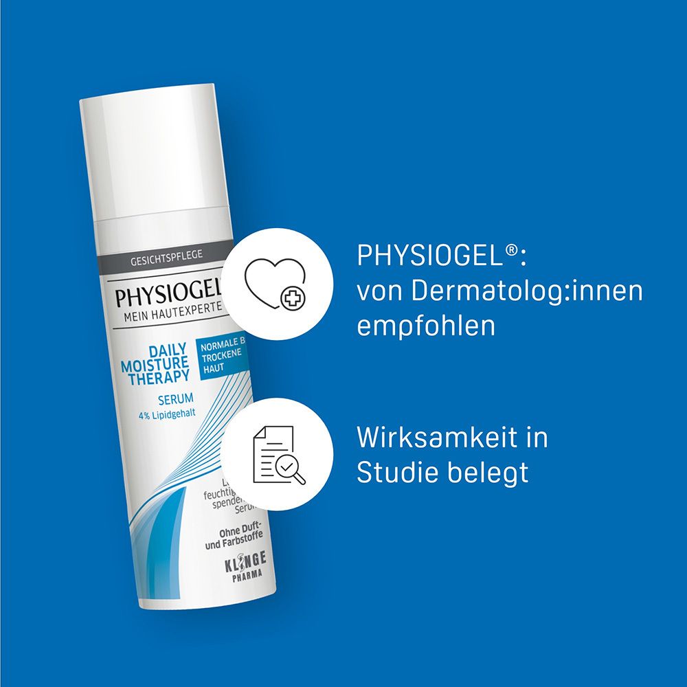 Text auf blauem Hintergrund. Text: PHYSIOGEL, von Dermatolog:innen empfohlen, Wirksamkeit in Studie belegt.