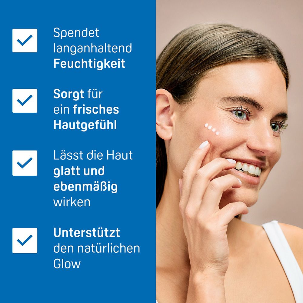 Frau mit Serum auf der Haut. Text: Spendet Feuchtigkeit, frisches Hautgefühl, glatte Haut, natürlicher Glow.