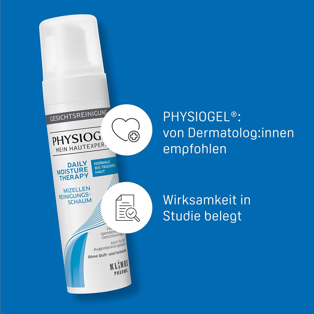 PHYSIOGEL® Flasche mit Icons für 'Von Dermatologen empfohlen' und 'Wirksamkeit in Studie belegt'.