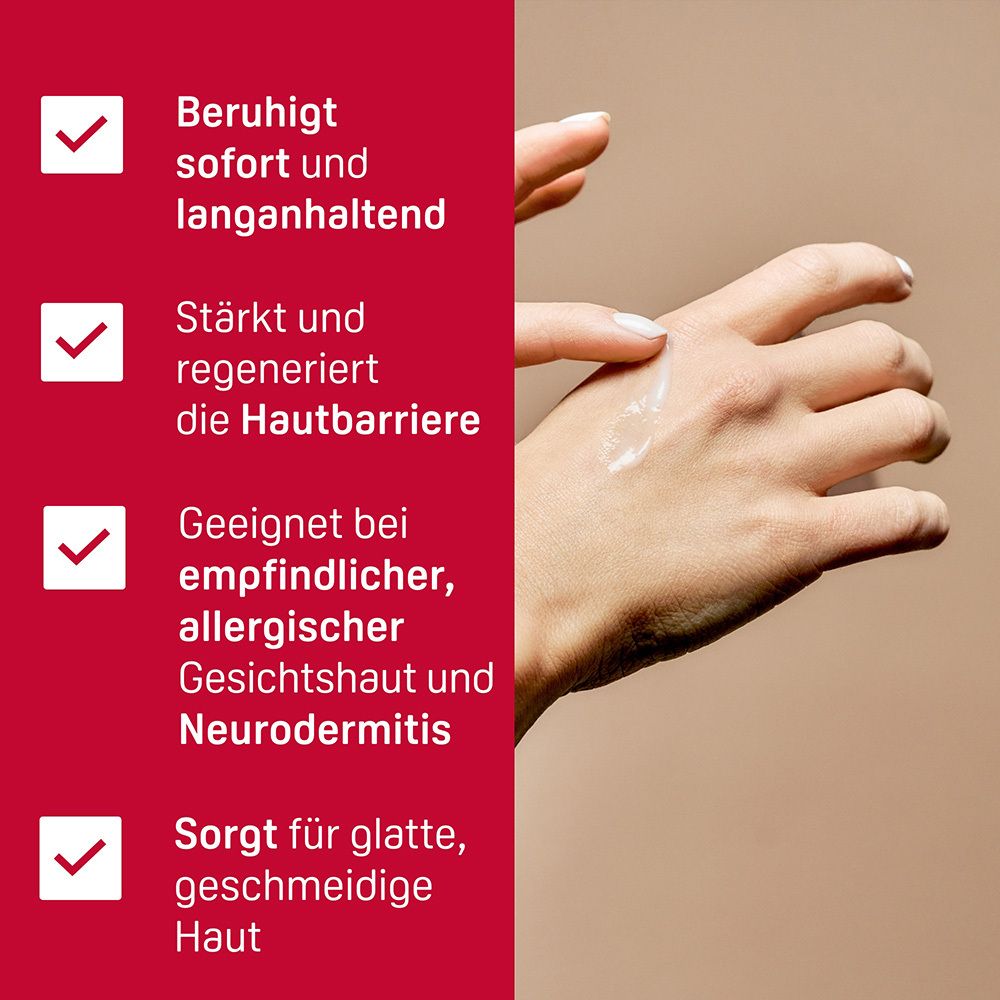 Hände mit aufgetragener Hautpflege, daneben Vorteile des Serums.