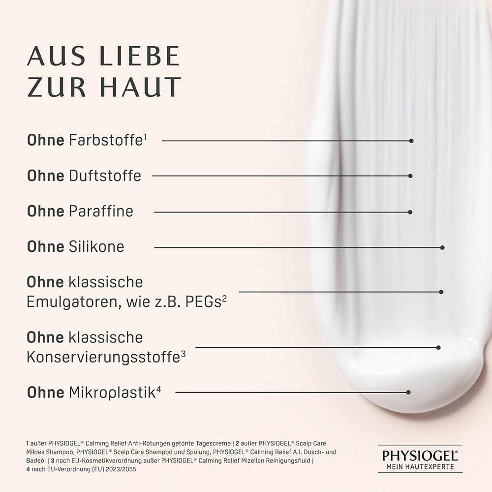 Frei von Duft-, Farb-, Paraffin-, Silikonstoffen, PEGs, Konservierungsstoffen.