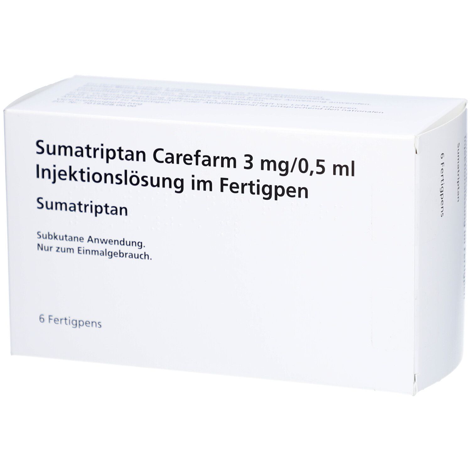 Weiße Verpackung mit Produktbezeichnung: Sumatriptan Carefarm 3 mg/0,5 ml Injektionslösung im Fertigpen. 6 Fertigpens.