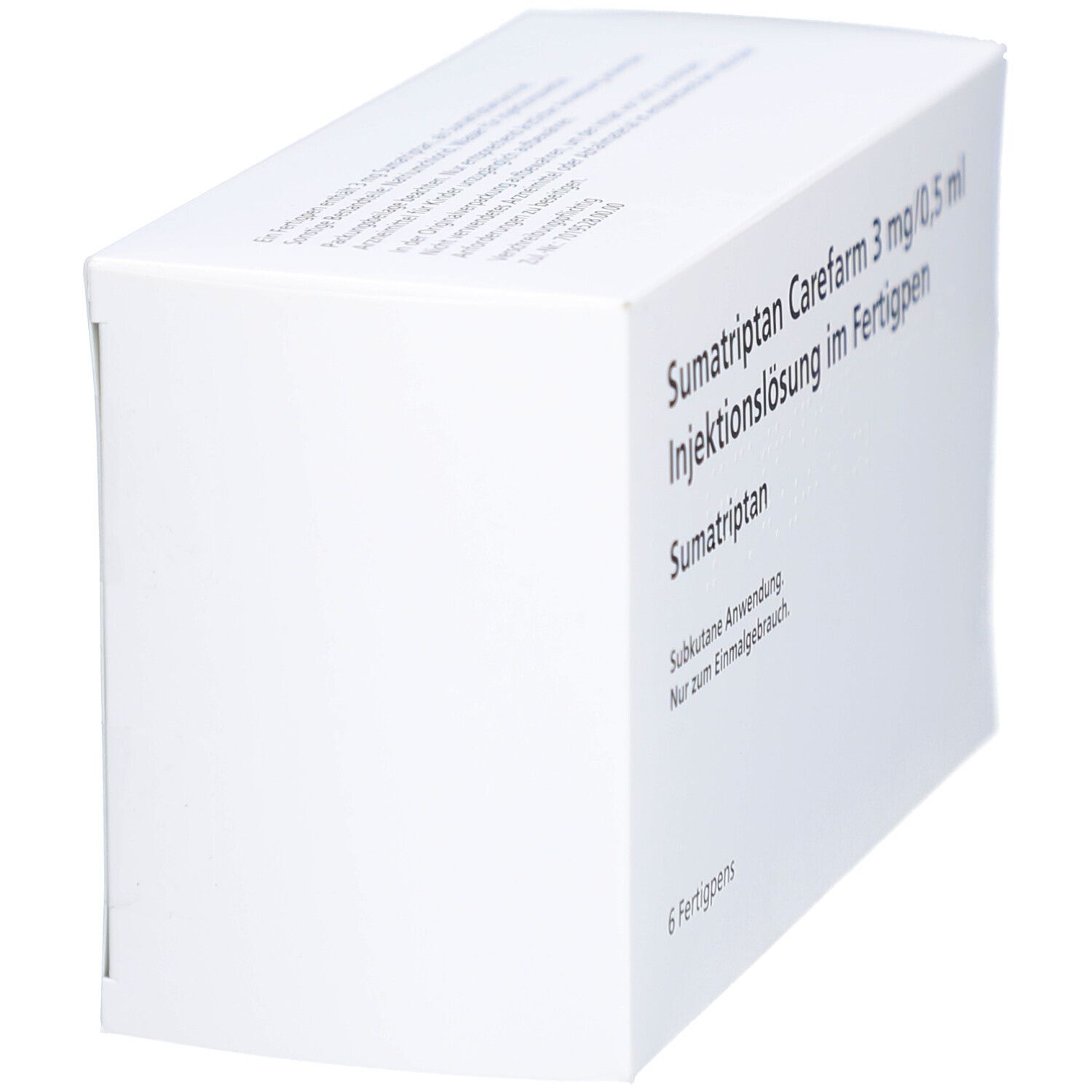 Weiße Verpackung mit Produktbezeichnung: Sumatriptan Carefarm 3 mg/0,5 ml Injektionslösung im Fertigpen. Seitenansicht.