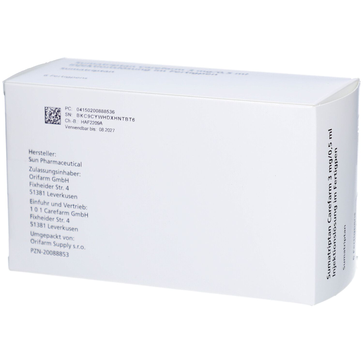 Weiße Verpackung mit Produktbezeichnung: Sumatriptan Carefarm 3 mg/0,5 ml Injektionslösung im Fertigpen. Rückseite mit Herstellerinformationen.