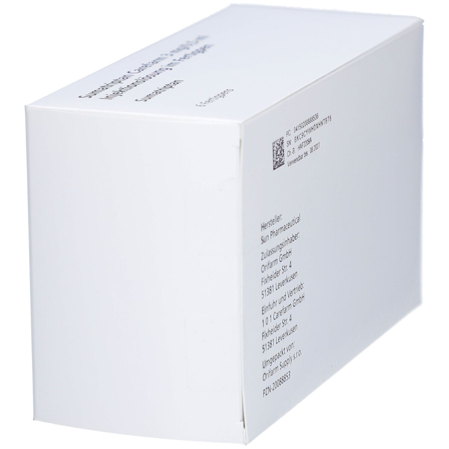 Weiße Verpackung mit Produktbezeichnung: Sumatriptan Carefarm 3 mg/0,5 ml Injektionslösung im Fertigpen. Seitenansicht.