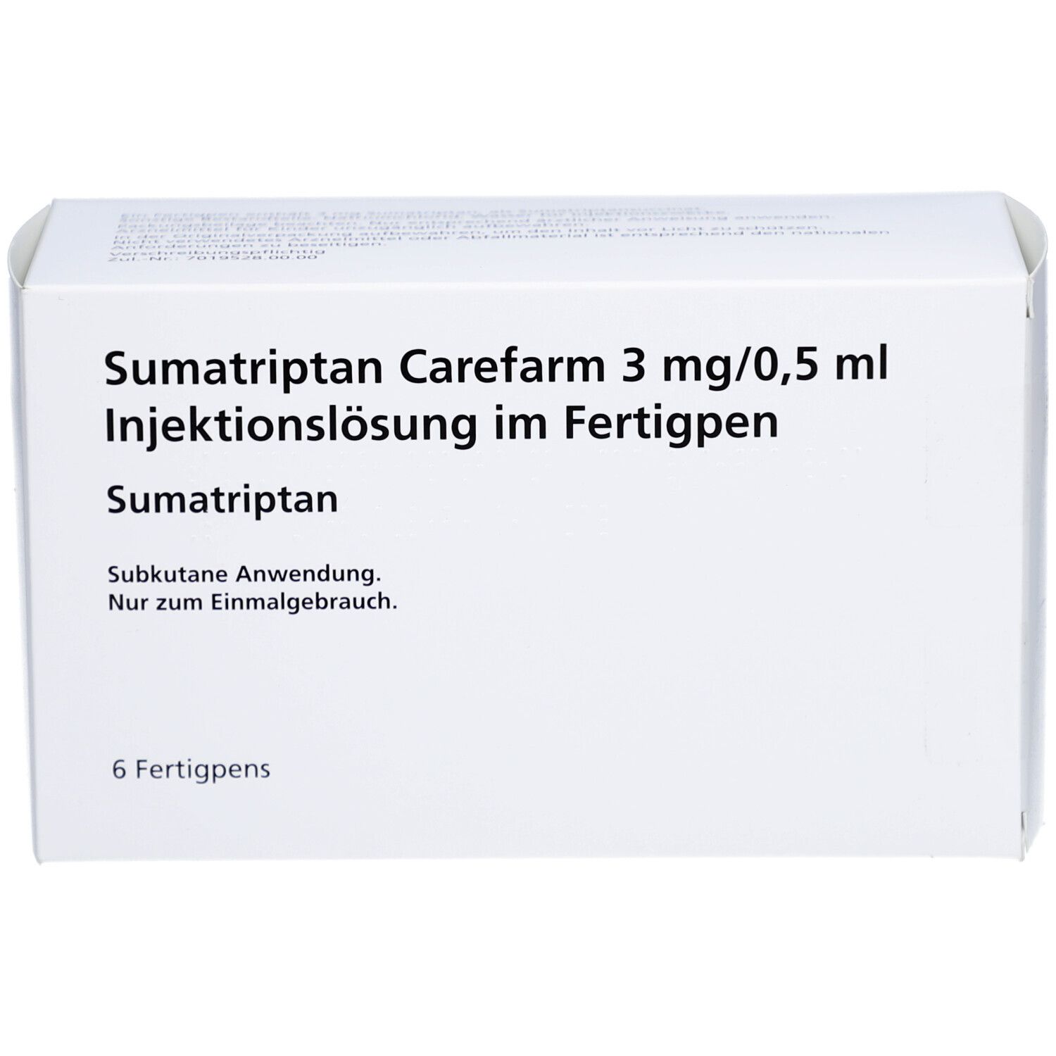 Weiße Verpackung mit Produktbezeichnung: Sumatriptan Carefarm 3 mg/0,5 ml Injektionslösung im Fertigpen. 6 Fertigpens.