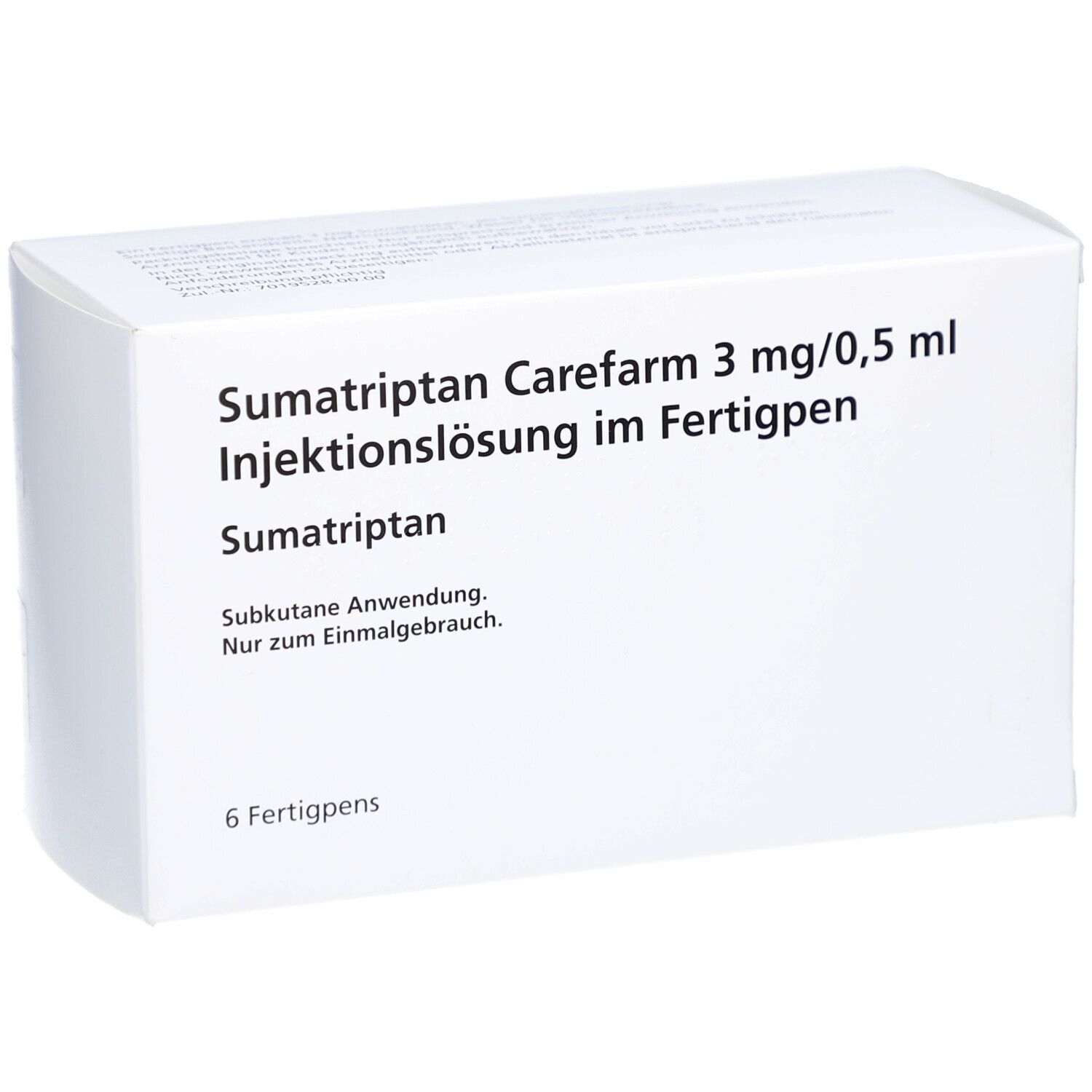 Weiße Verpackung mit Produktbezeichnung: Sumatriptan Carefarm 3 mg/0,5 ml Injektionslösung im Fertigpen. 6 Fertigpens.
