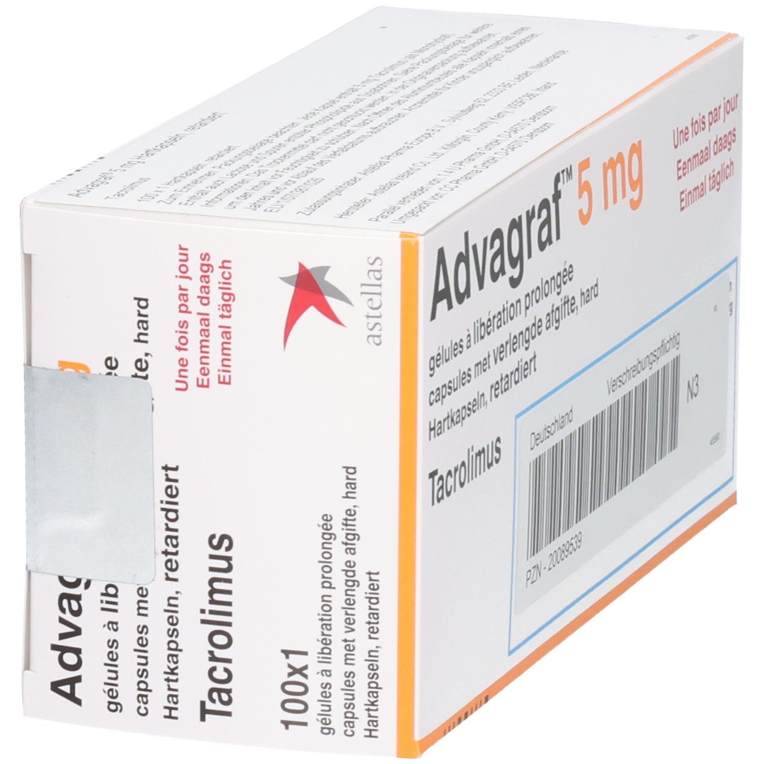 Advagraf 5 mg Hartkapseln retardiert Packung mit 100x1 Kapseln, Tacrolimus.