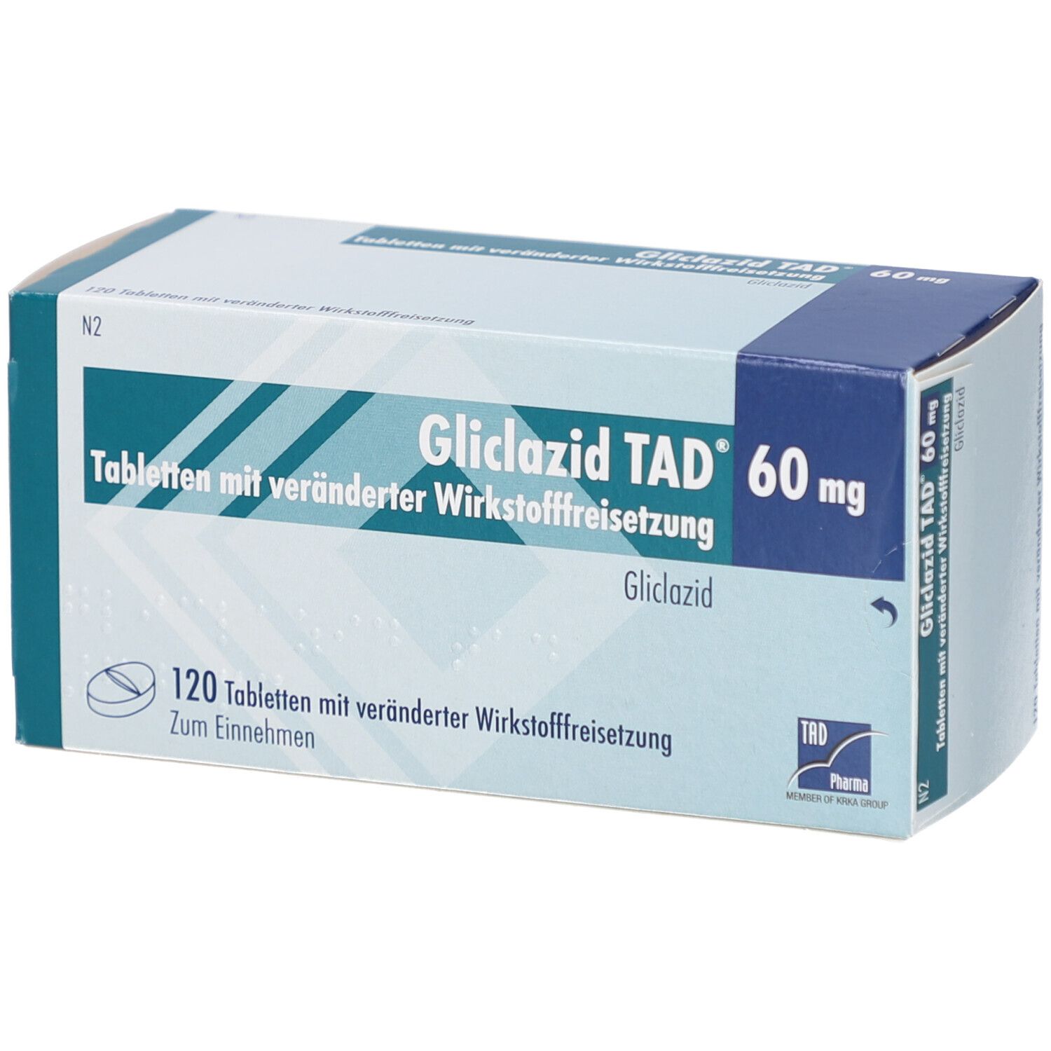 Schachtel mit GLICLAZID TAD 60 mg Tabletten. Blaue und weiße Verpackung mit Produktnamen und Inhaltsangaben.