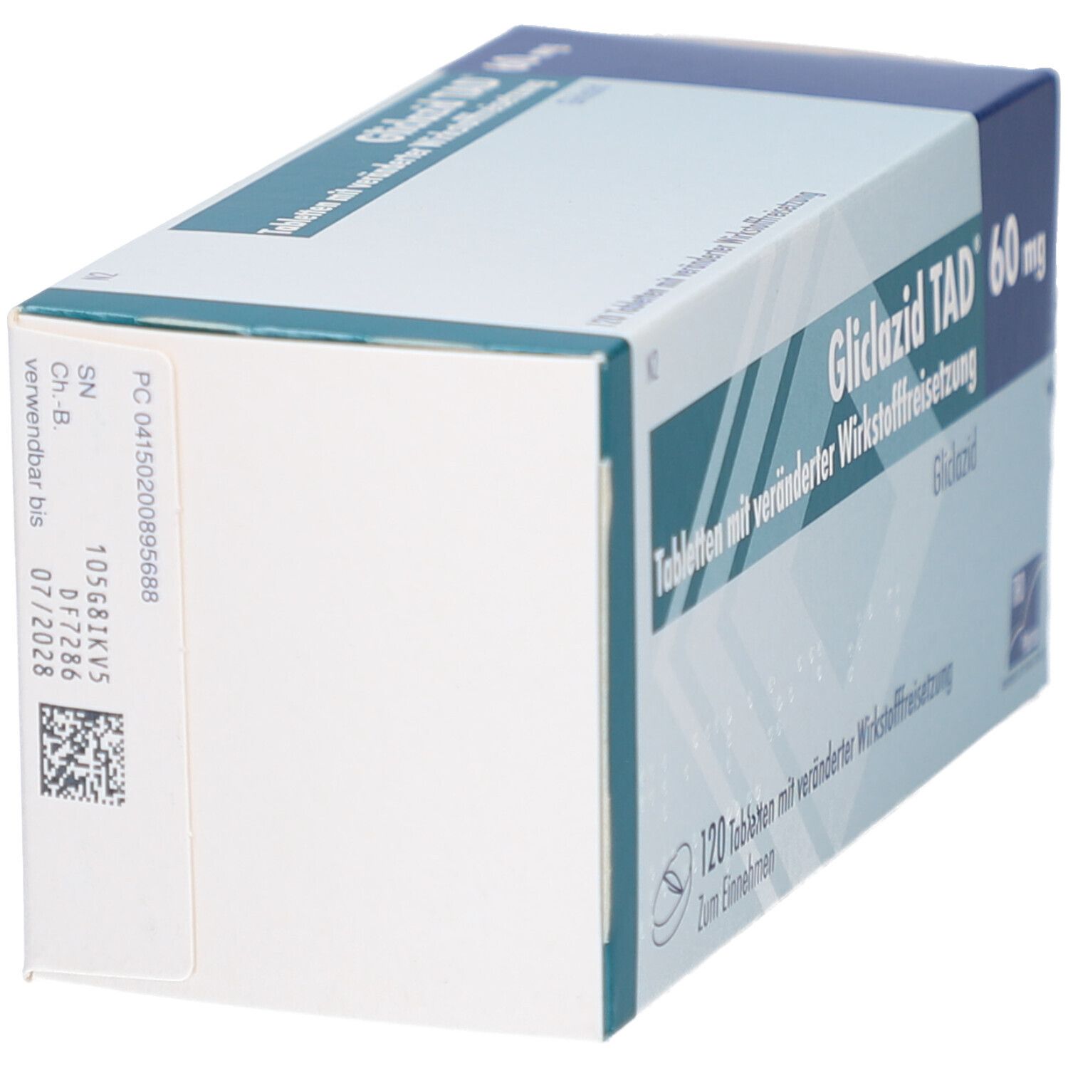Seitenansicht der GLICLAZID TAD 60 mg Tabletten-Schachtel. Weiße Verpackung mit Strichcode und Chargennummer.